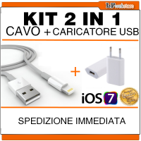KIT ACCESSORI CAVO DATI 8PIN PER IPHONE 5 IPAD IPOD + CARICA BATTERIE USB